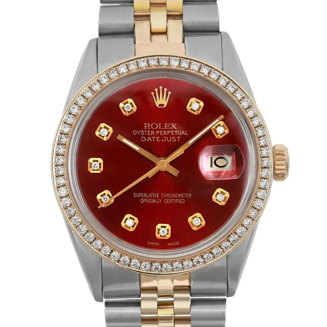 Rolex Datejust 36mm Steel 18K Yellow Gold Custom Diamond Red Dial Watch 16013