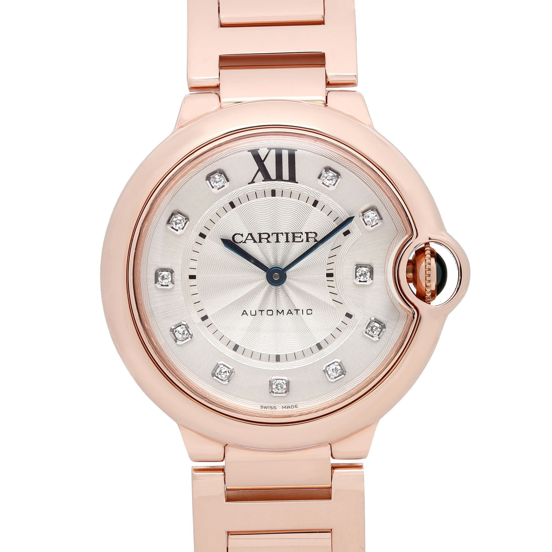 Cartier Ballon Bleu 36mm 18K Rose Gold Diamond Silver Dial Ladies Watch WE902026