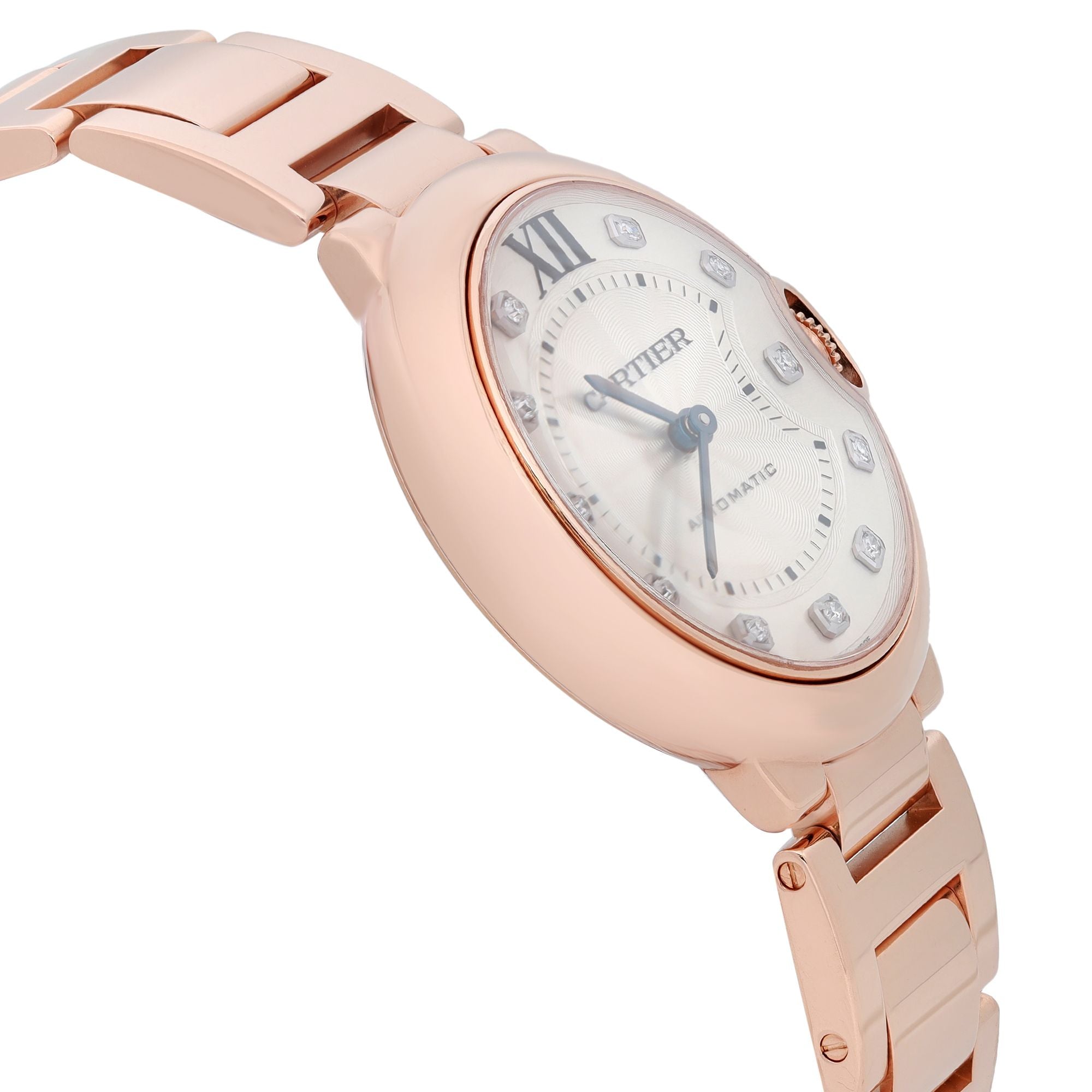 Cartier Ballon Bleu 36mm 18K Rose Gold Diamond Silver Dial Ladies Watch WE902026