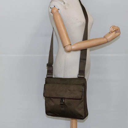 Prada Shoulder Bag Nylon Khaki Brown Silver Auth