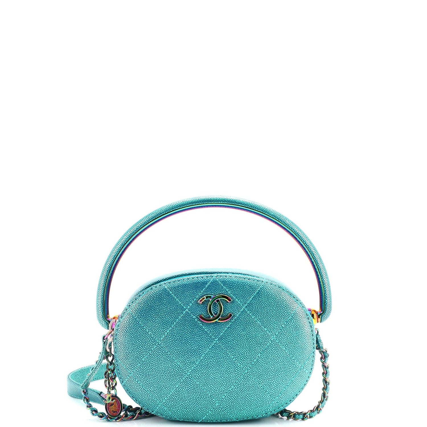 Chanel Egyptian Amulet Top Handle Camera Case Quilted Metallic Caviar With Rainbow Hardware