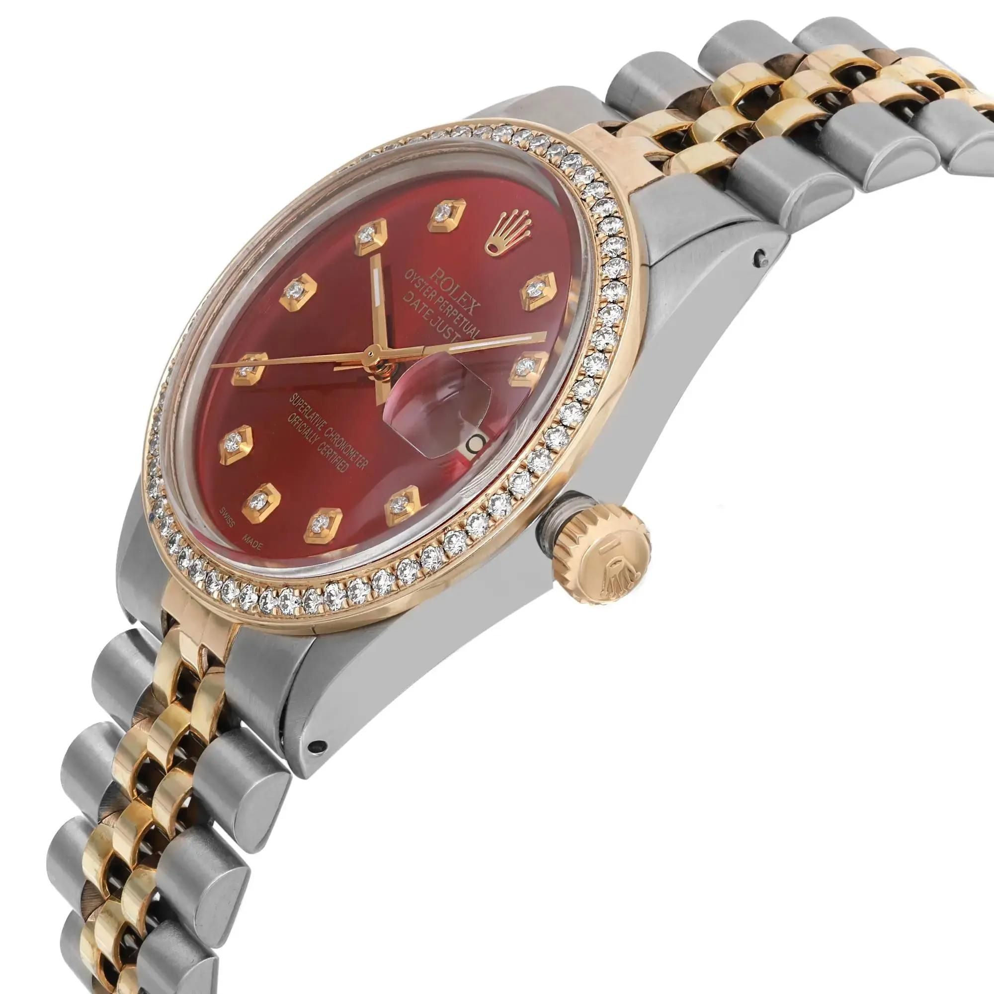 Rolex Datejust 36mm Steel 18K Yellow Gold Custom Diamond Red Dial Watch 16013