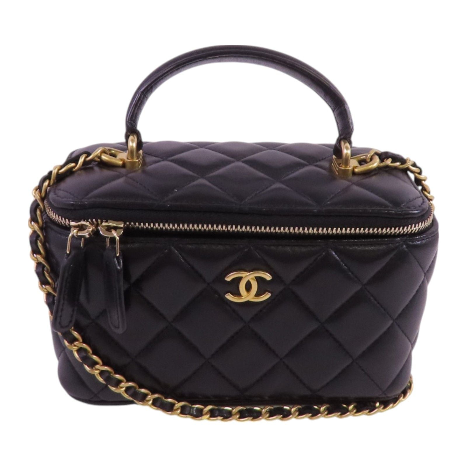 Chanel Black Sheepskin Leather Vanity Case Hand-handed Shoulder Bag 2way Shoulder Bag Lambskin (sheep Leather)