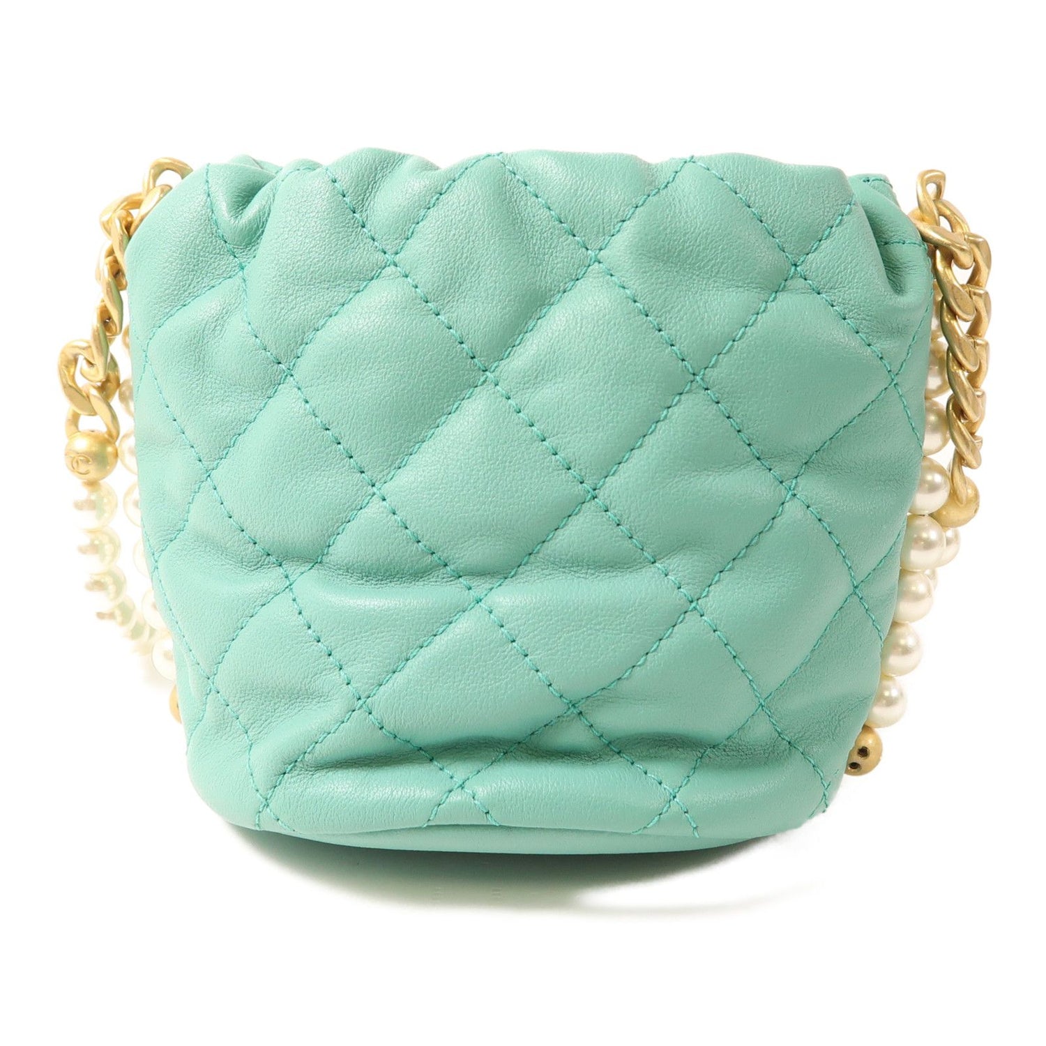 Chanel Green Sheepskin Leather Pearl Bucket Golden Shoulder Bucket Shoulder Bag Lambskin (sheep Leather)