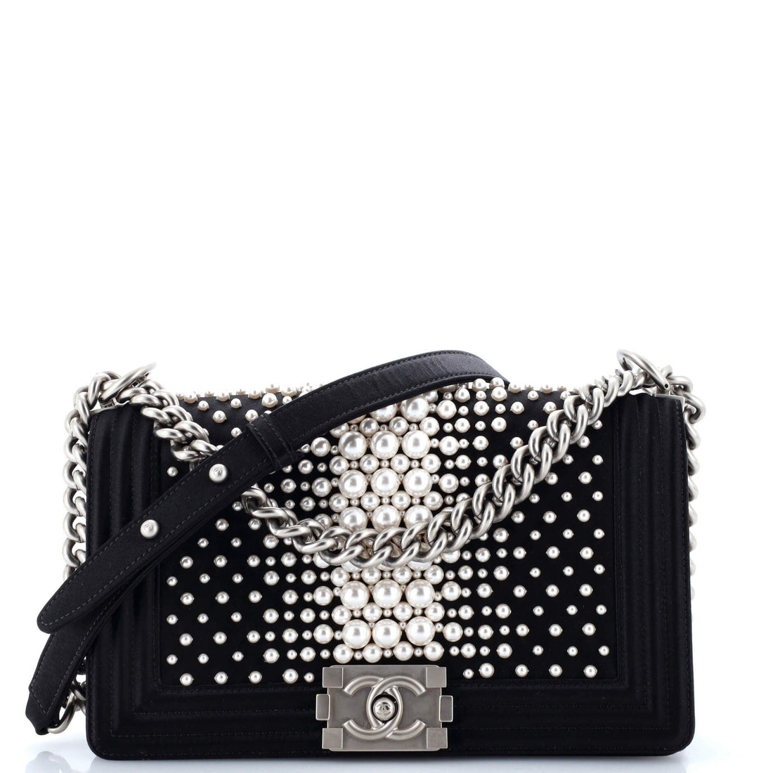 Boy Flap Bag Pearl Embellished Satin Old Medium