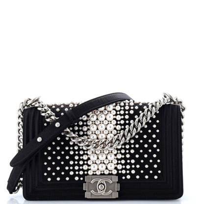 Boy Flap Bag Pearl Embellished Satin Old Medium