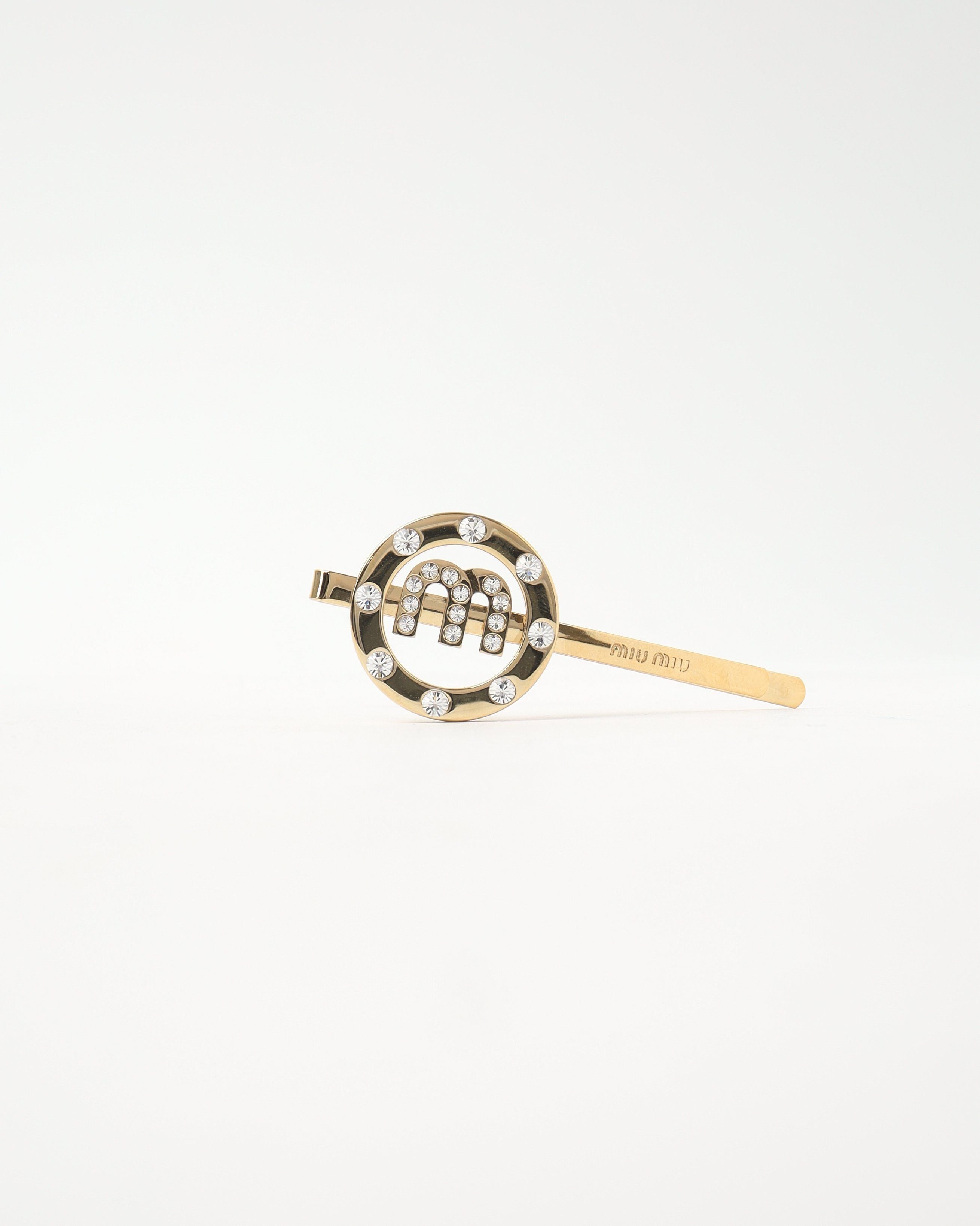 Miu Miu Logo Rhinestone Gold Hairpin
