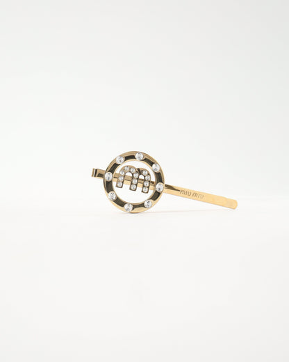 Miu Miu Logo Rhinestone Gold Hairpin