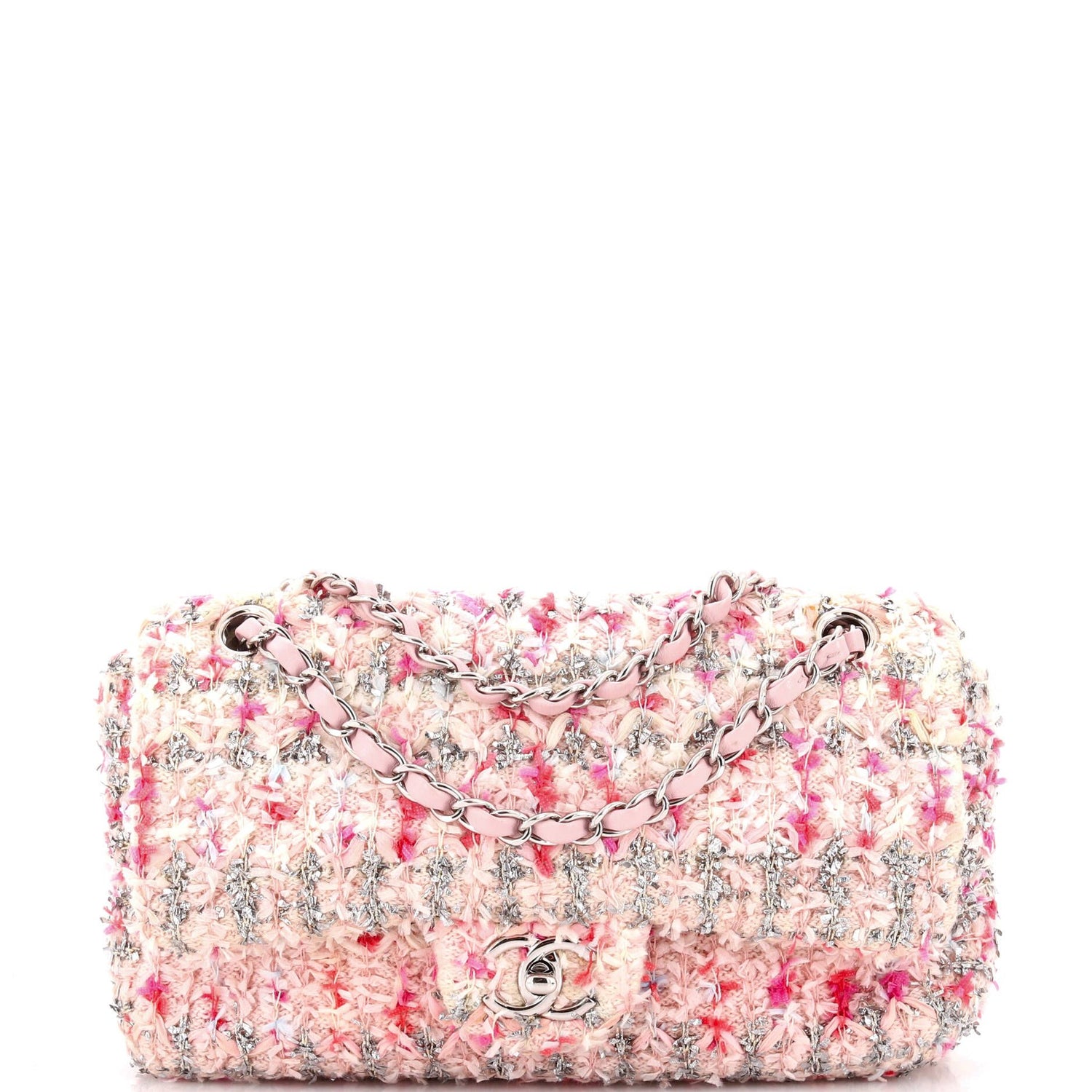 Chanel Classic Double Flap Bag Quilted Tweed And Ribbon Medium