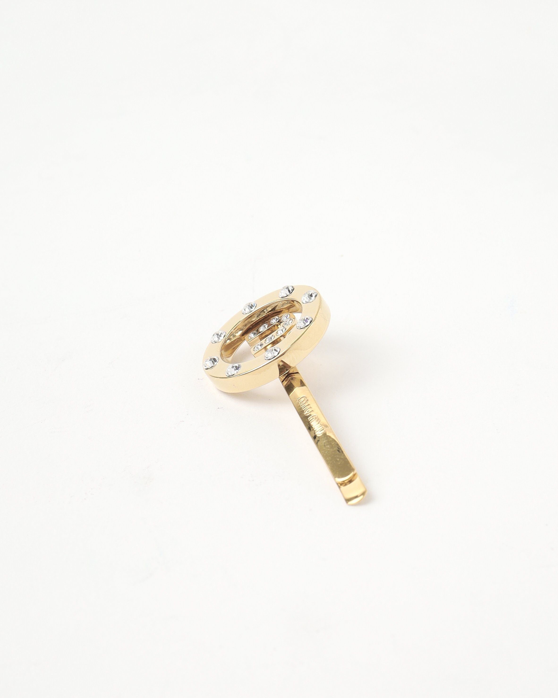 Miu Miu Logo Rhinestone Gold Hairpin