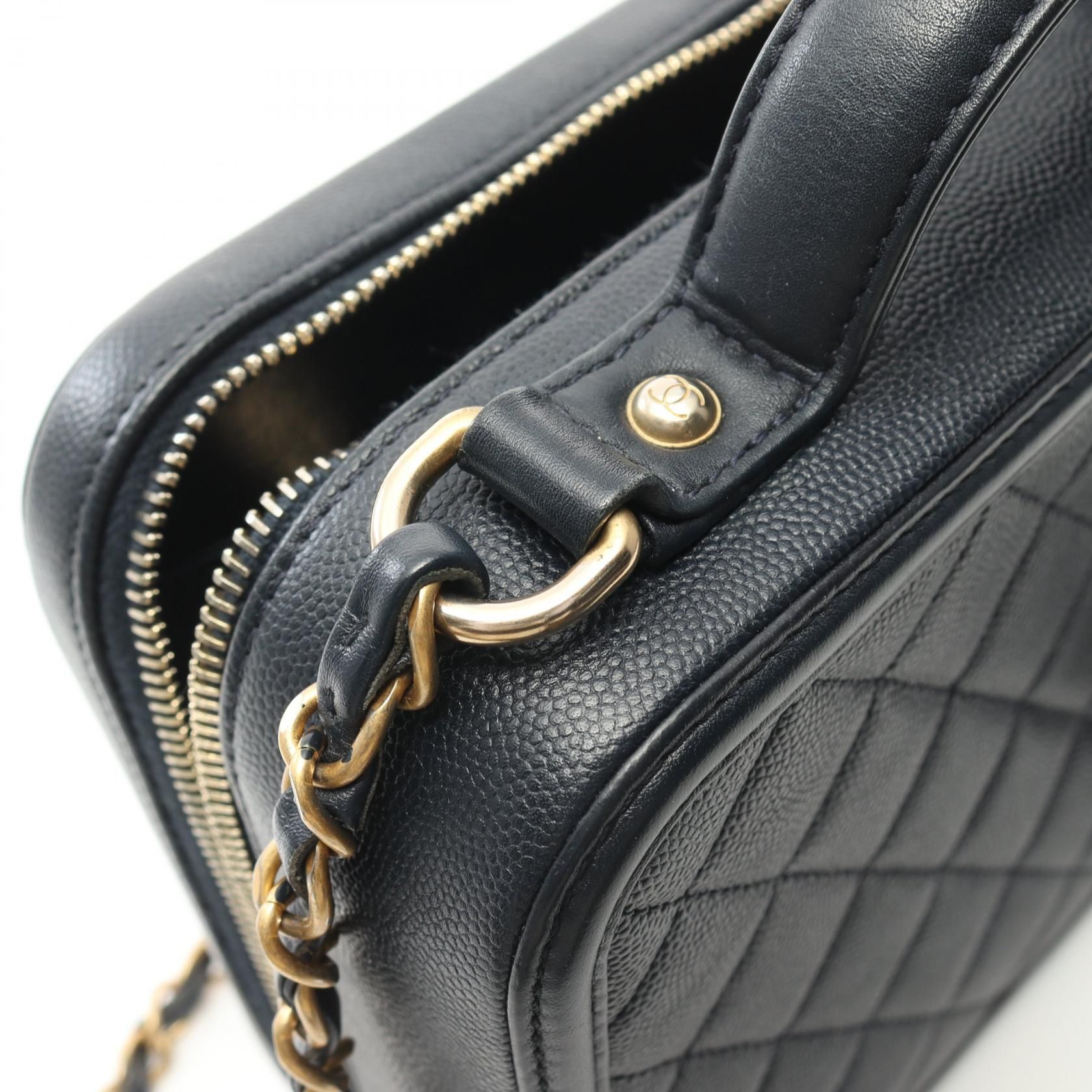 Chanel Navy Cc Filigree Matelasse Shoulder Bag Leather Grained Calfskin
