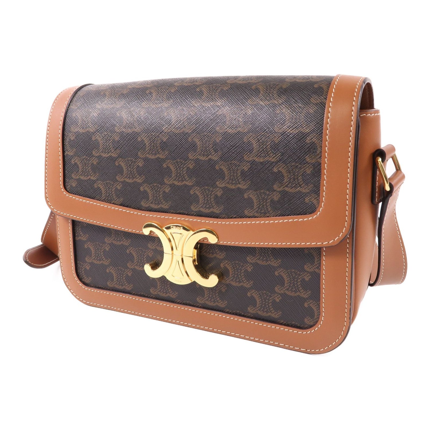 Celine Canvas Classique Triomphe Bag Gold Shoulder Bag Brown