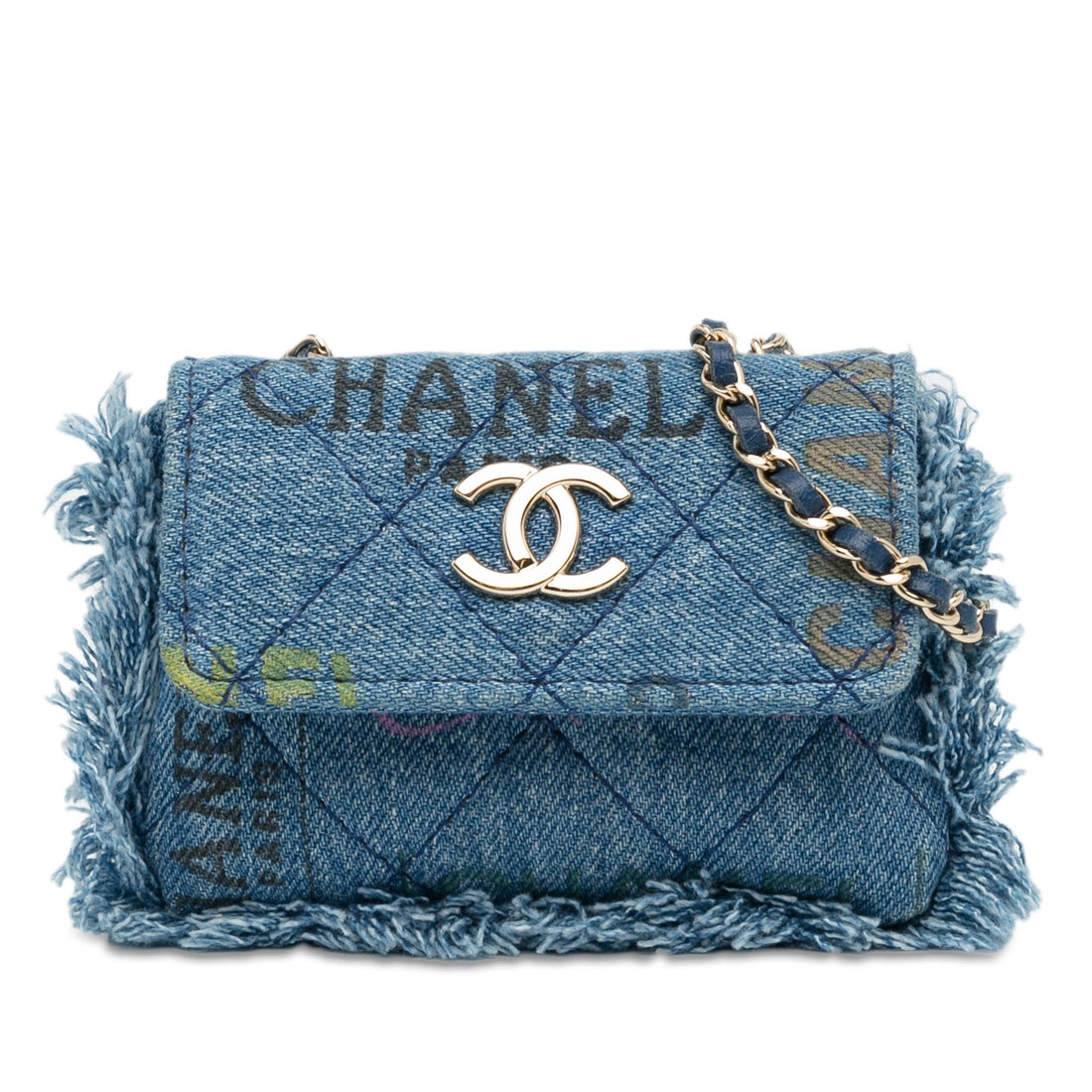 Chanel Mini Denim Mood Clutch With Chain Blue