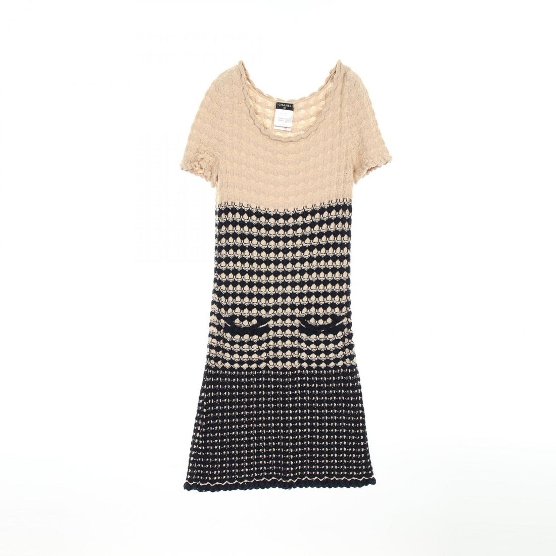 Chanel Navy Beige Coco Mark Button Dress Rayon Cotton Silk P 43366