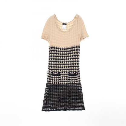 Chanel Navy Beige Coco Mark Button Dress Rayon Cotton Silk P 43366