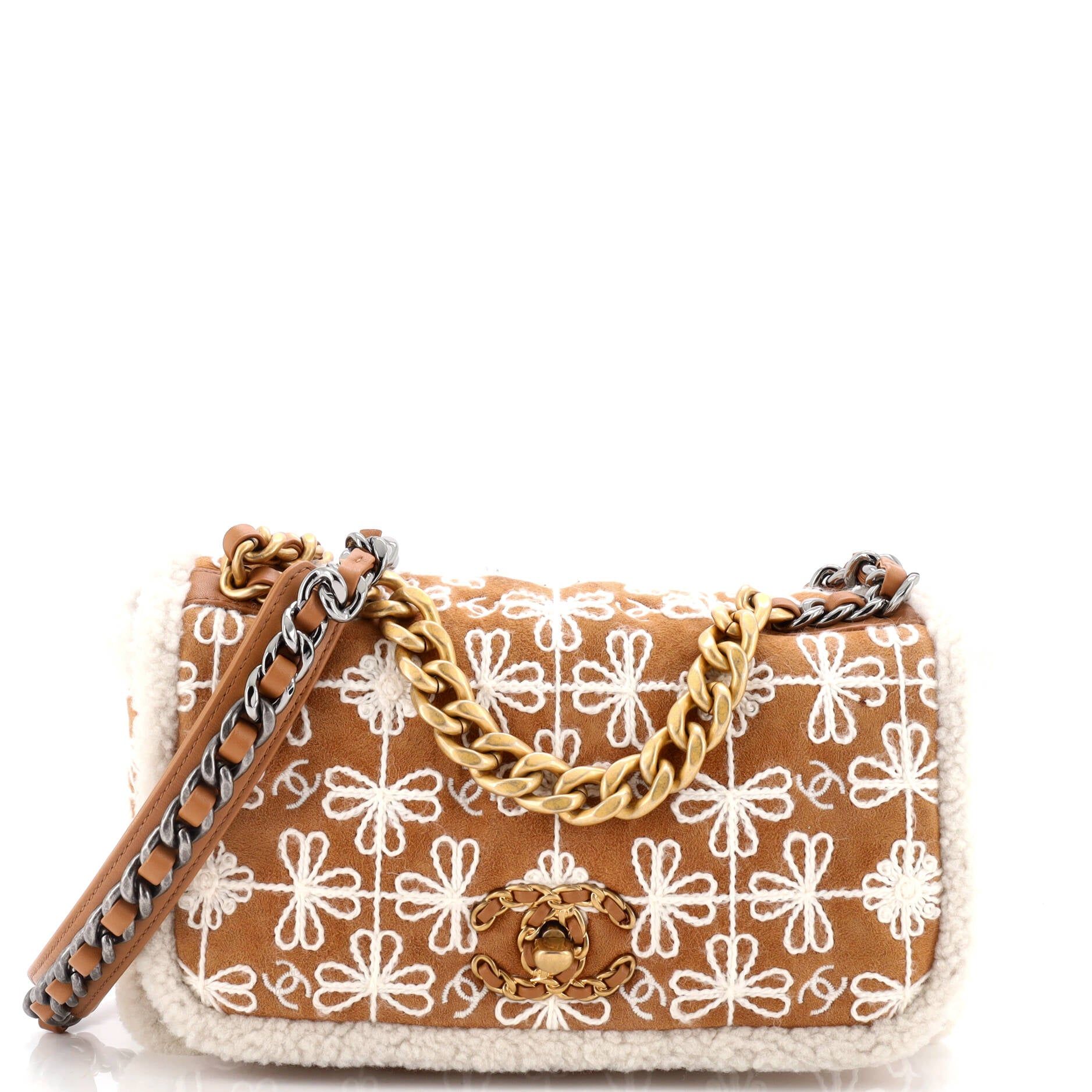 Chanel Flap Bag Embroidered Suede With Shearling Medium