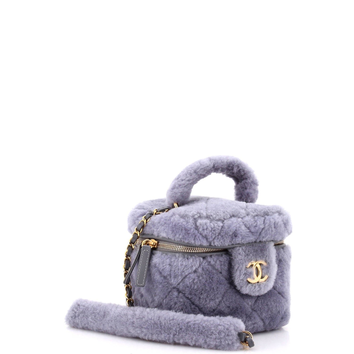 Chanel Coconing Top Handle Vanity Case With Chain Quilted Shearling Small