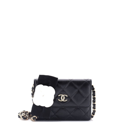 Chanel Camellia Bow Flap Card Holder With Chain Quilted Lambskin