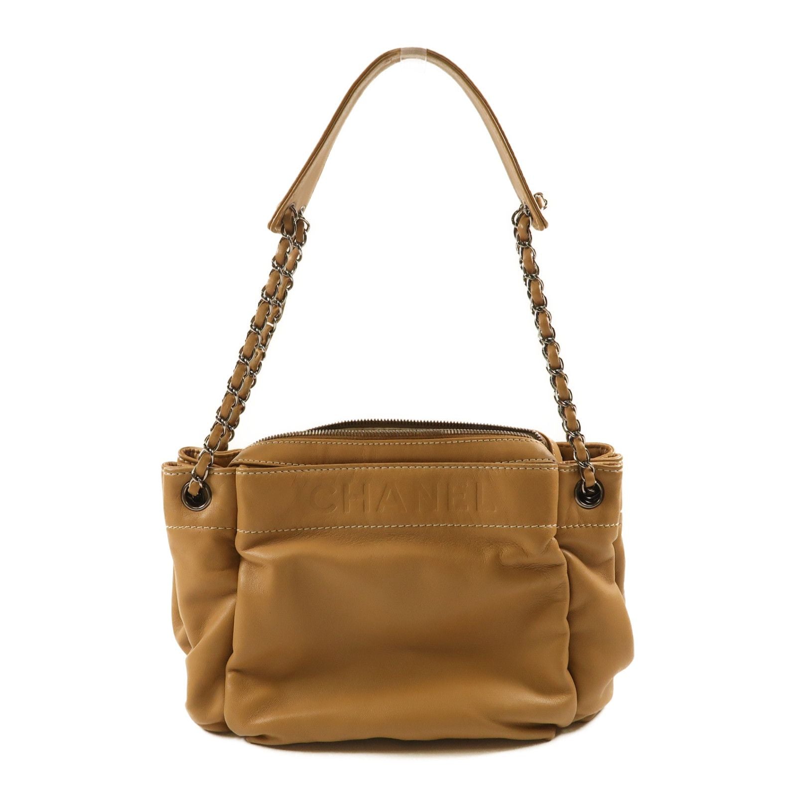 Chanel Brown Beige Lacquered Leather Bag Lambskin