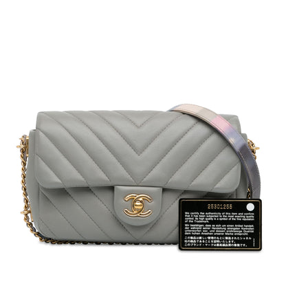 Chanel Mini Rectangular Chevron Lambskin Chain Around Flap Gray