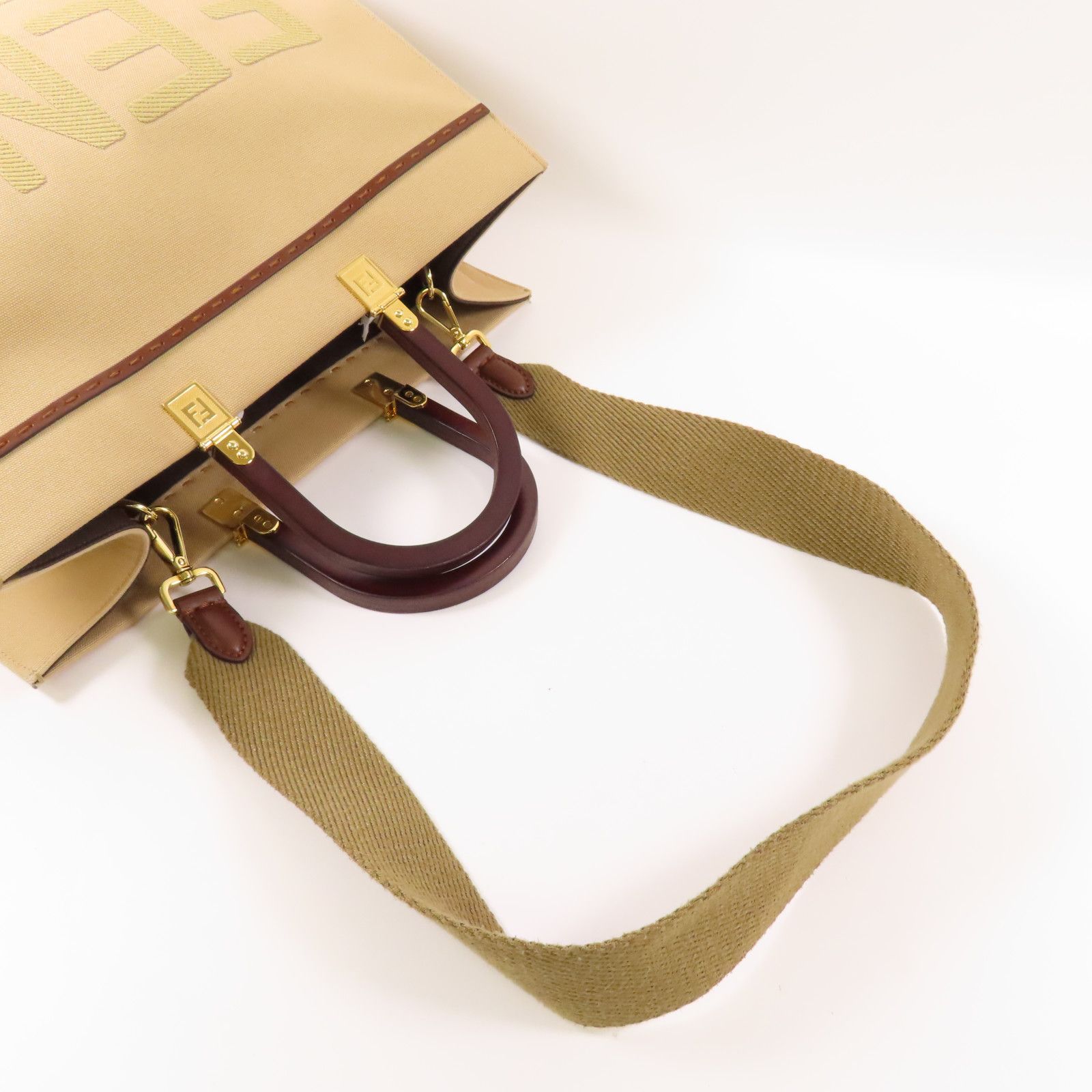 Fendi Canvas Sunshine Medium Gold Hand-handed Bag For Shoulders And Backs 2way Shoulder Bag Brown Canvas 8bh 386