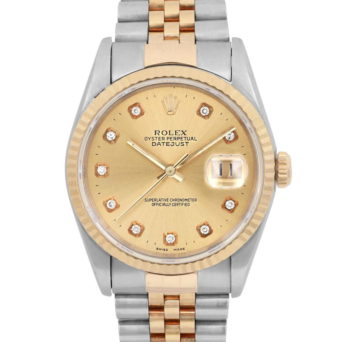 Rolex Datejust 36mm No Hole 18K Gold Steel Champagne Diamond Dial Watch 16233
