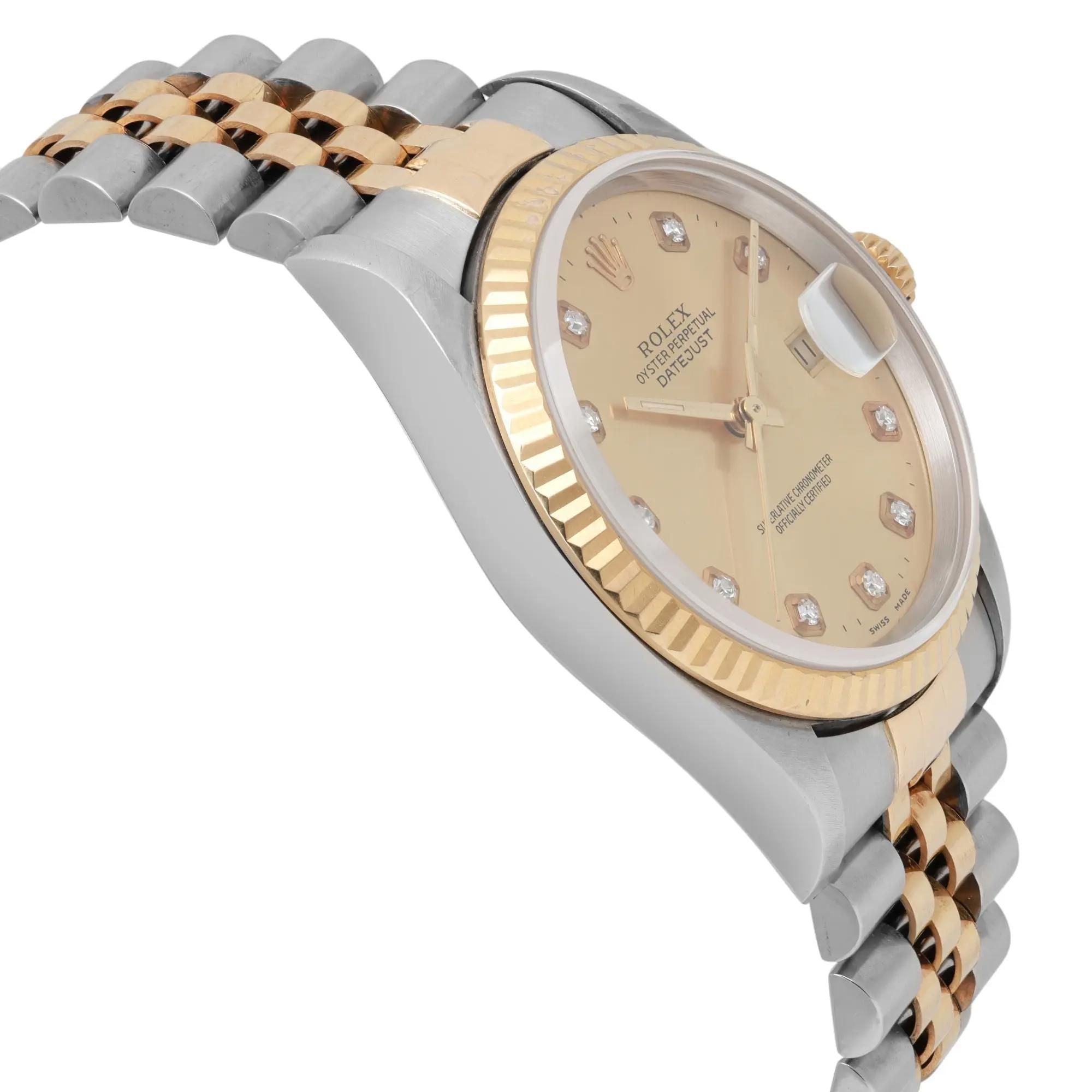Rolex Datejust 36mm No Hole 18K Gold Steel Champagne Diamond Dial Watch 16233