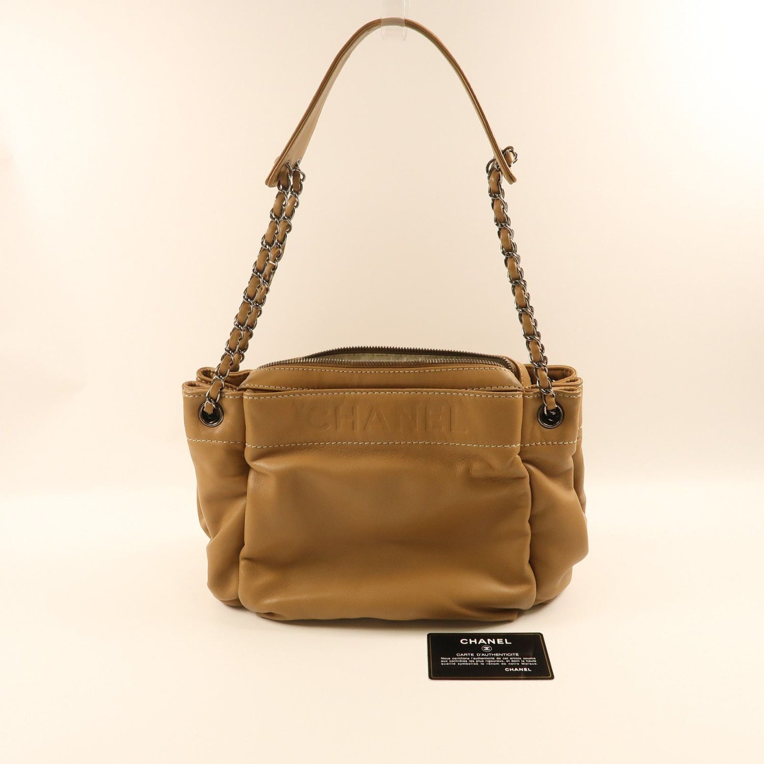 Chanel Brown Beige Lacquered Leather Bag Lambskin
