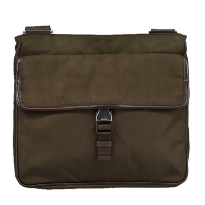 Prada Shoulder Bag Nylon Khaki Brown Silver Auth