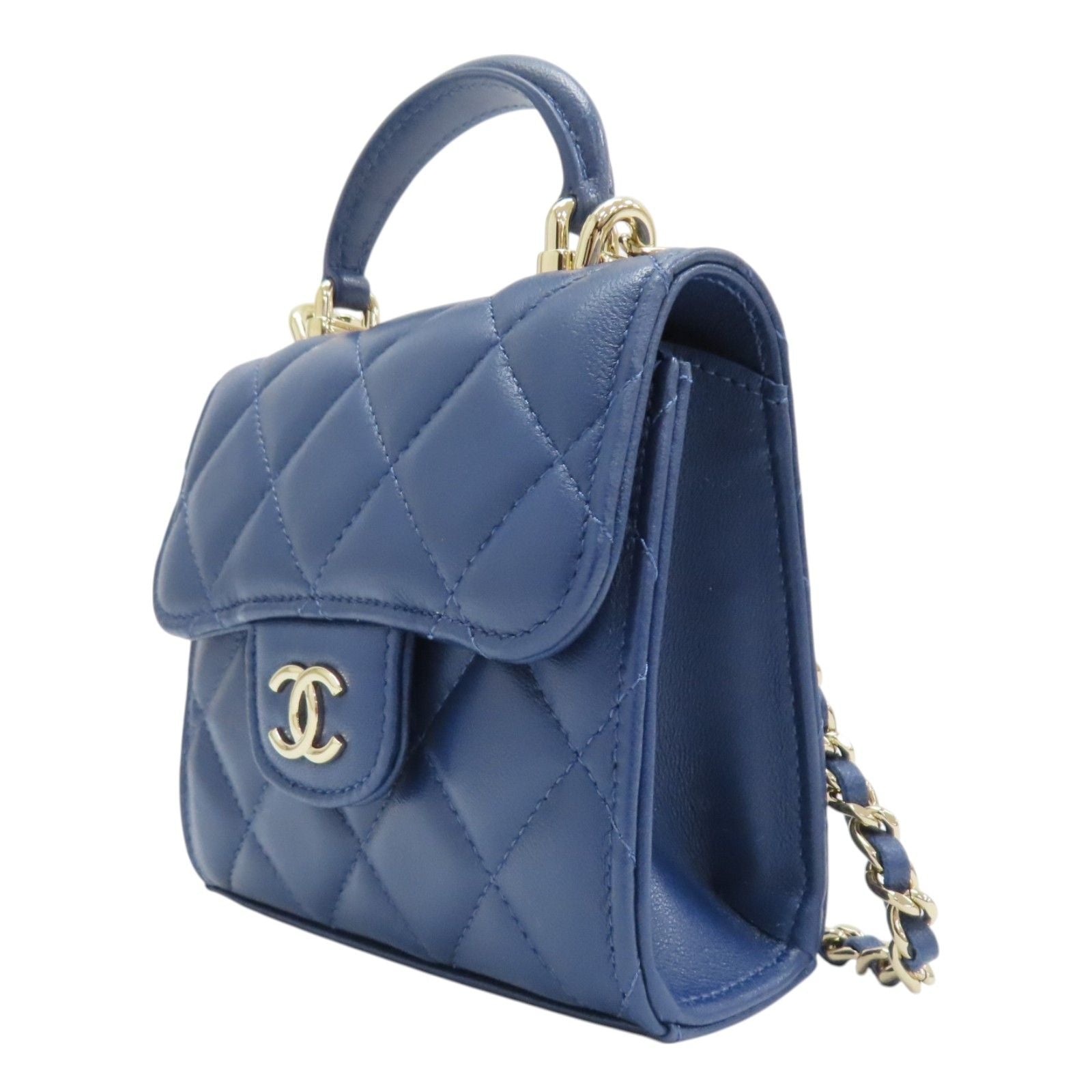 Chanel Top Handle Flap Clutch Chain Shoulder Bag Blue Quilted Lambskin
