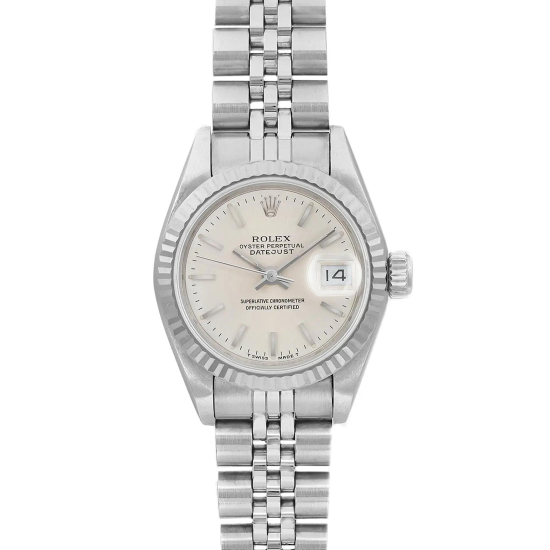 Rolex Lady Datejust 26mm 18K White Gold Steel Silver Stick Dial Watch 69174