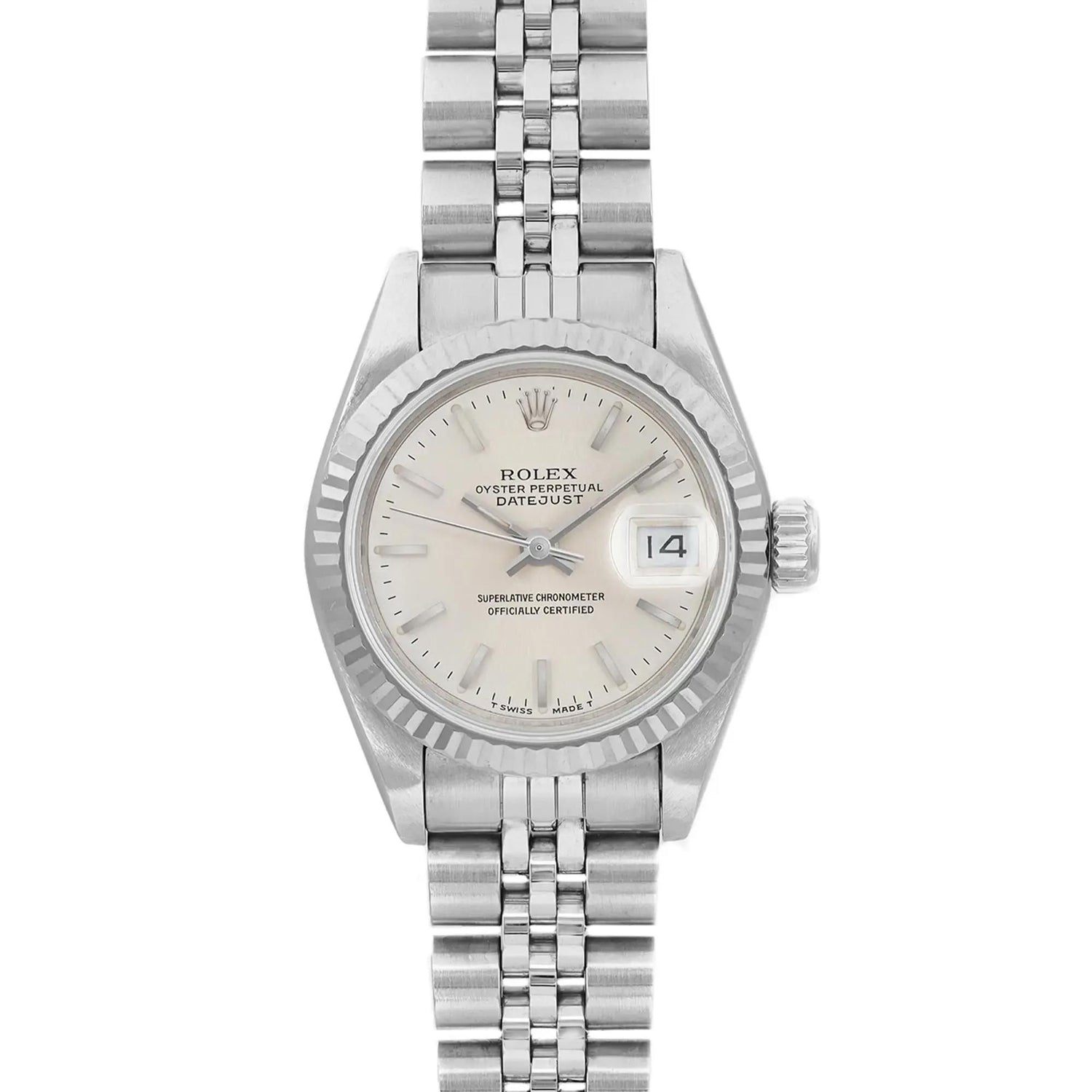 Rolex Lady Datejust 26mm 18K White Gold Steel Silver Stick Dial Watch 69174