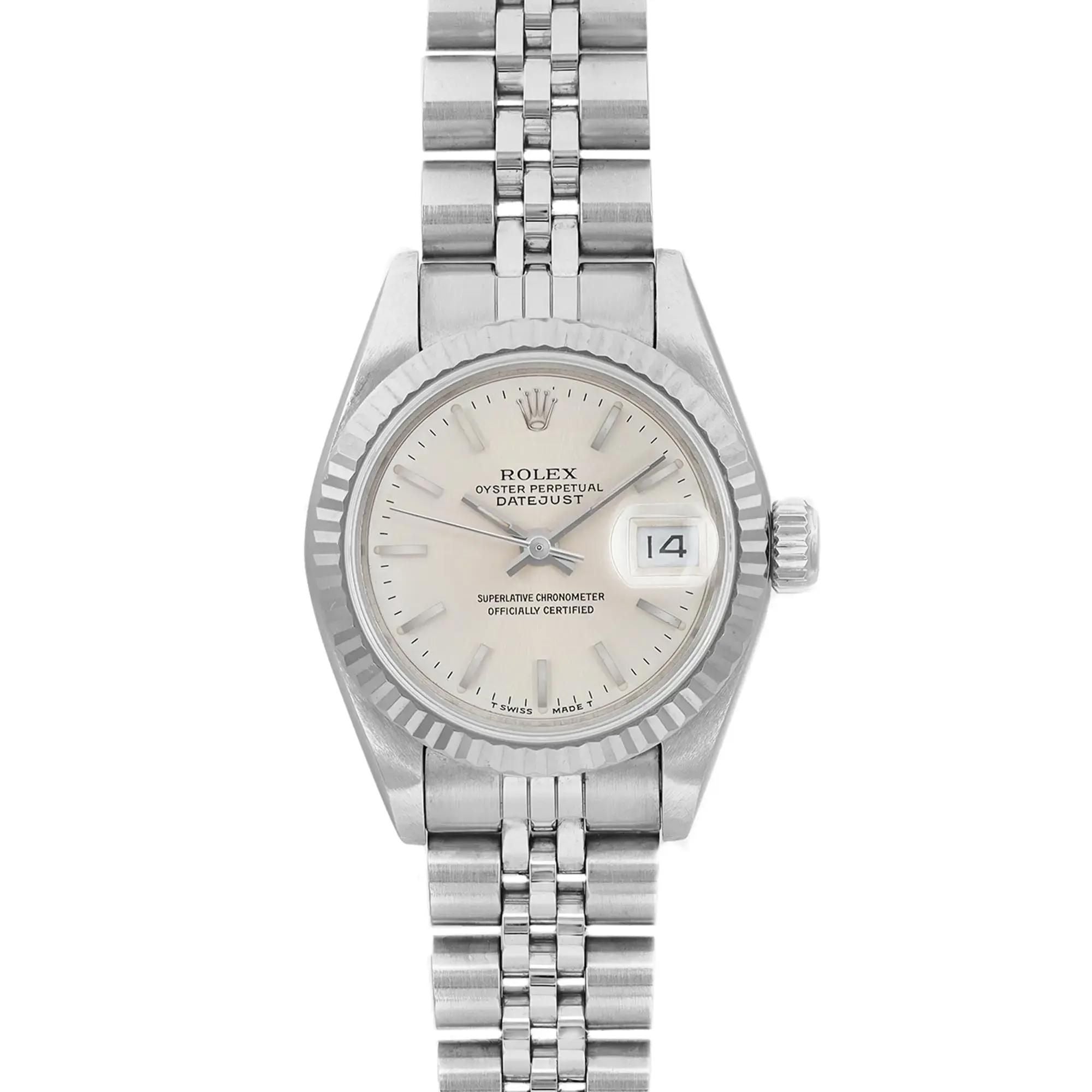 Rolex Lady Datejust 26mm 18K White Gold Steel Silver Stick Dial Watch 69174