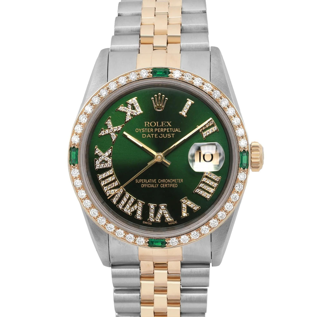 Rolex Datejust 36mm Yellow Gold Steel Custom Gren Diamond Dial Bezel Watch 16233