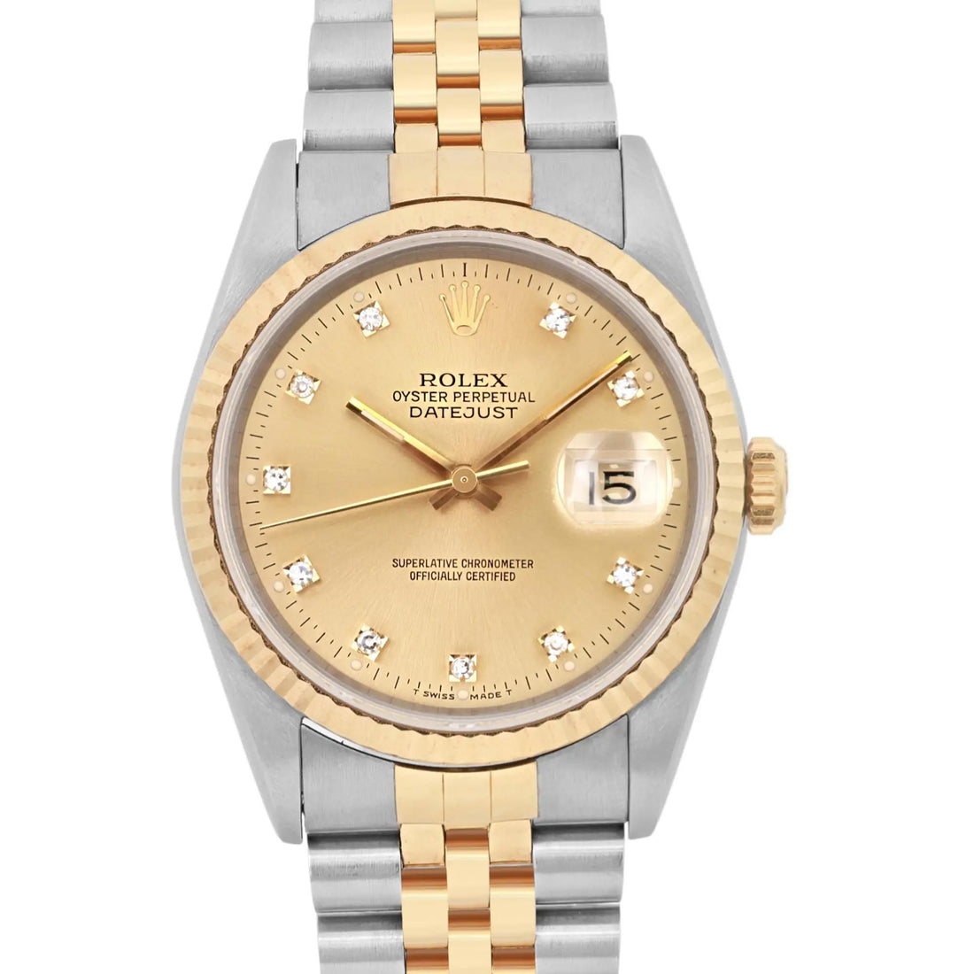 Rolex Datejust 36mm 18K Gold Steel Champagne Diamond Dial Mens Watch 16233