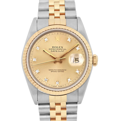 Rolex Datejust 36mm 18K Gold Steel Champagne Diamond Dial Mens Watch 16233