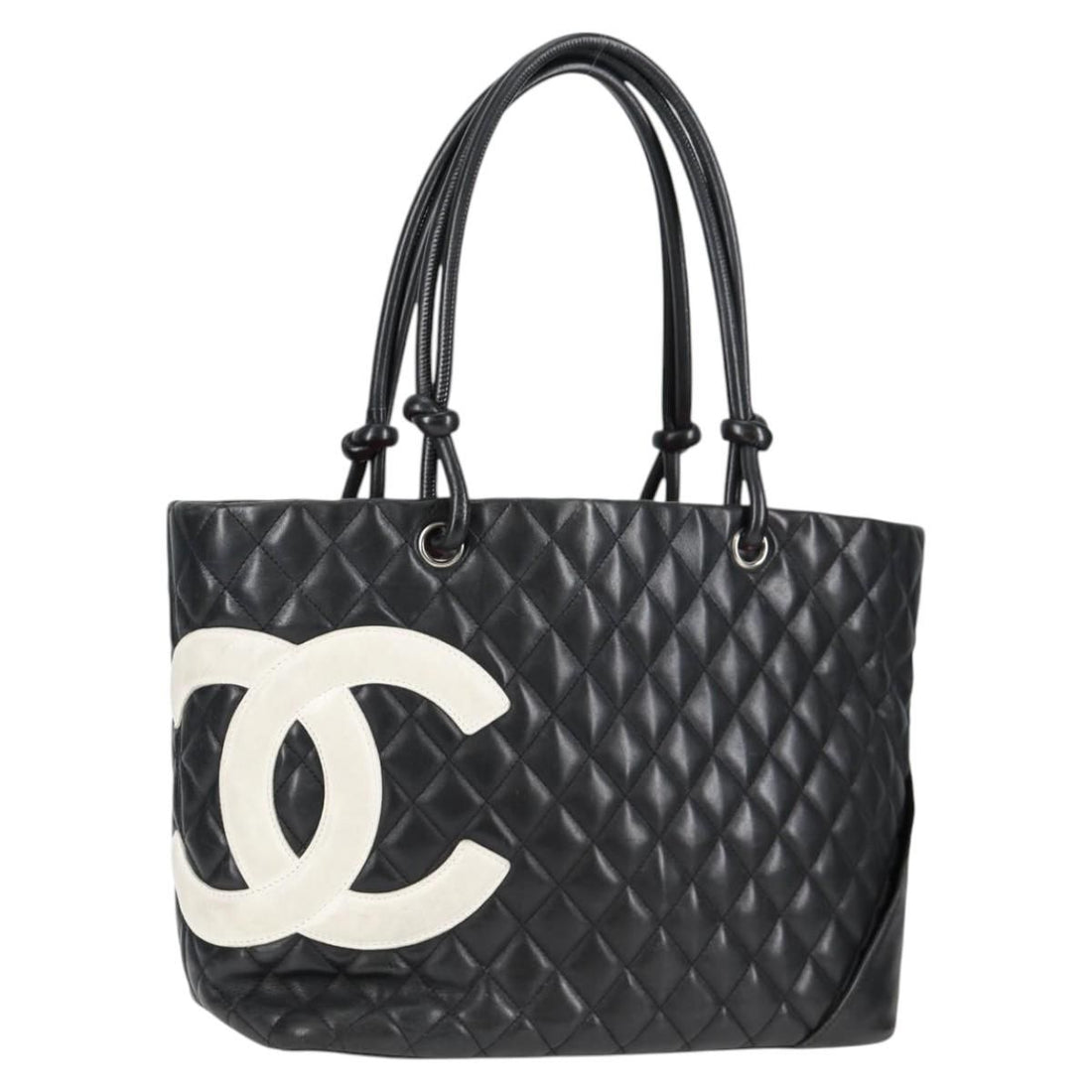Chanel Cambon Line Matelasse Tote Bag Leather Black Silver Cc Auth