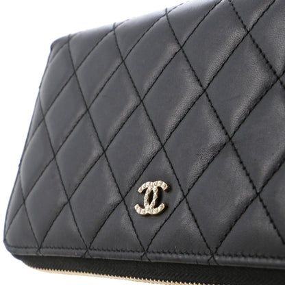 Chanel Zip Around Wallet With Pearl Chain Quilted Lambskin Long