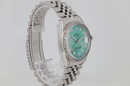 Rolex Datejust 36mm Steel Custom Green Turquoise Diamond Dial Bezel Watch 16030