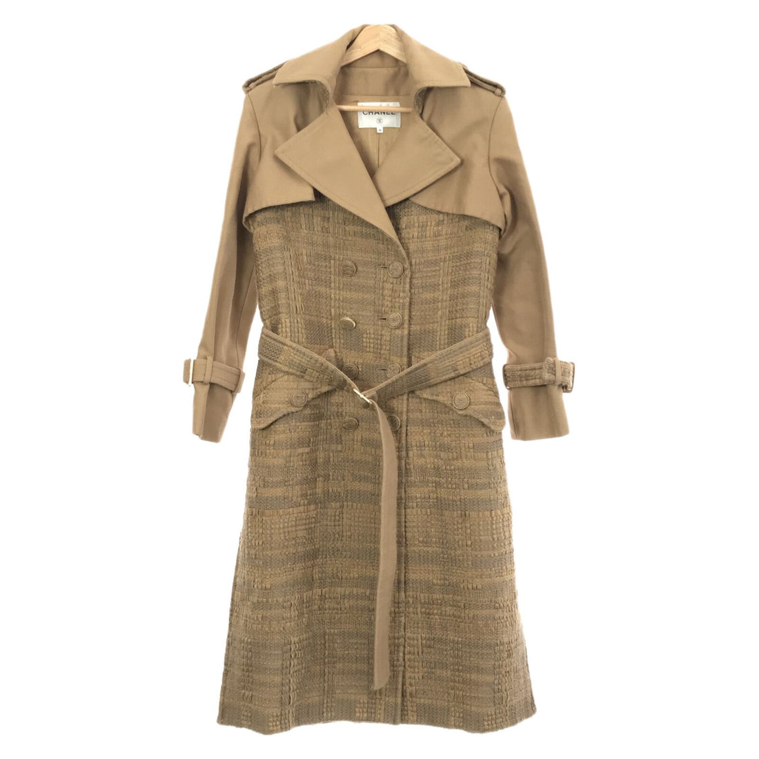 Chanel Belted Tweed Trench Coat Beige Wool 36