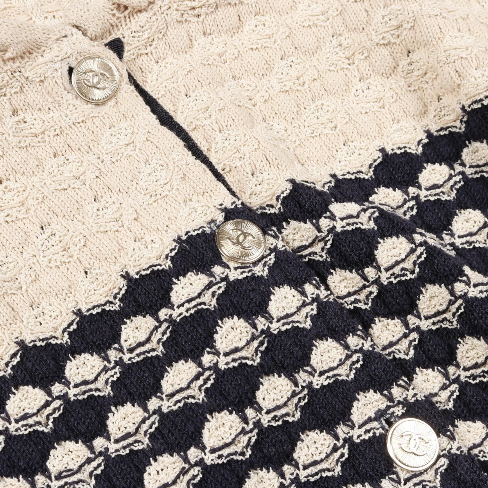Chanel Navy Beige Coco Mark Button Cardigan Rayon Cotton Silk P 43365k 04401