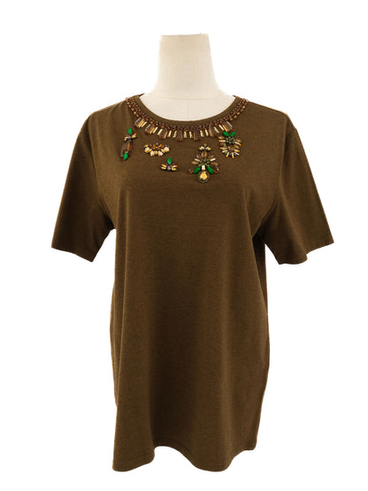 Excellent Green Cotton Top with Embellished Neckline Size L
