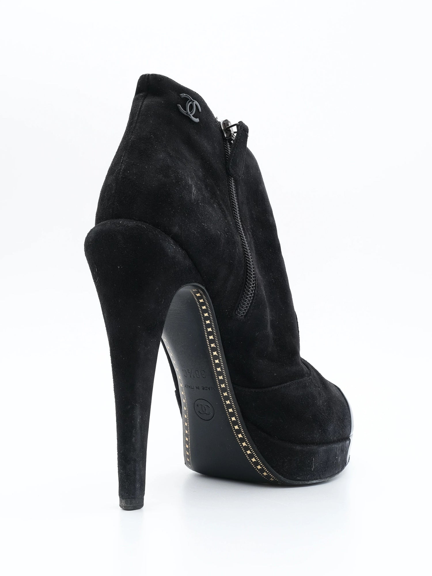 Excellent Chanel Black Leather High-Heeled Ankle Boots Size 38.5