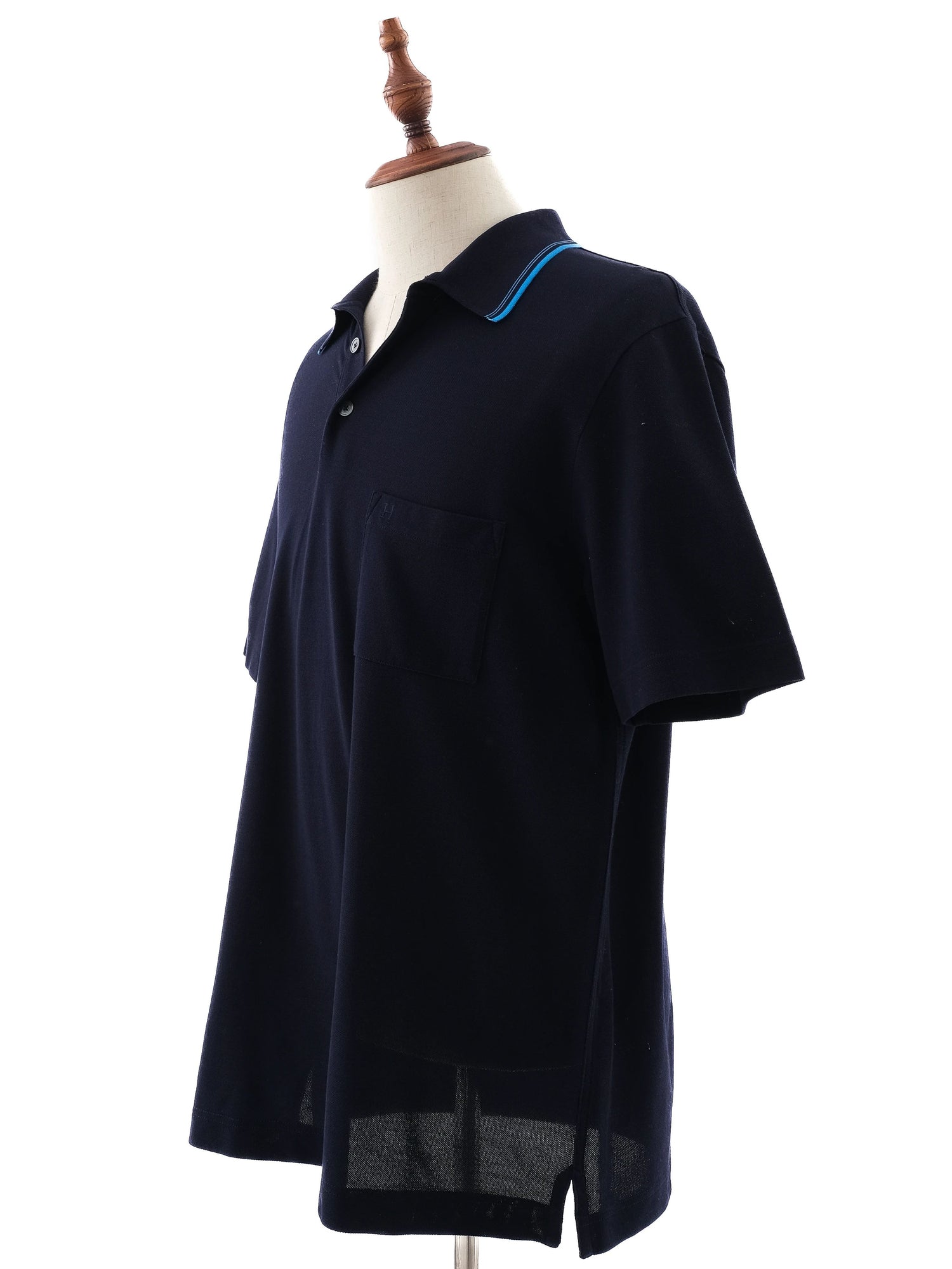 Excellent Hermes Blue Polo Shirt Cotton Size L Double Stripe