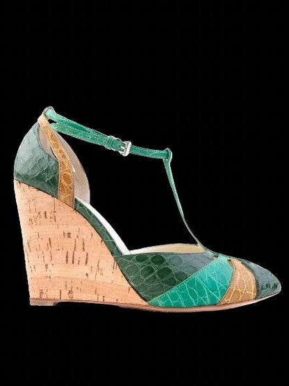 Excellent Prada Green Leather Wedge-heeled Sandals Size 38