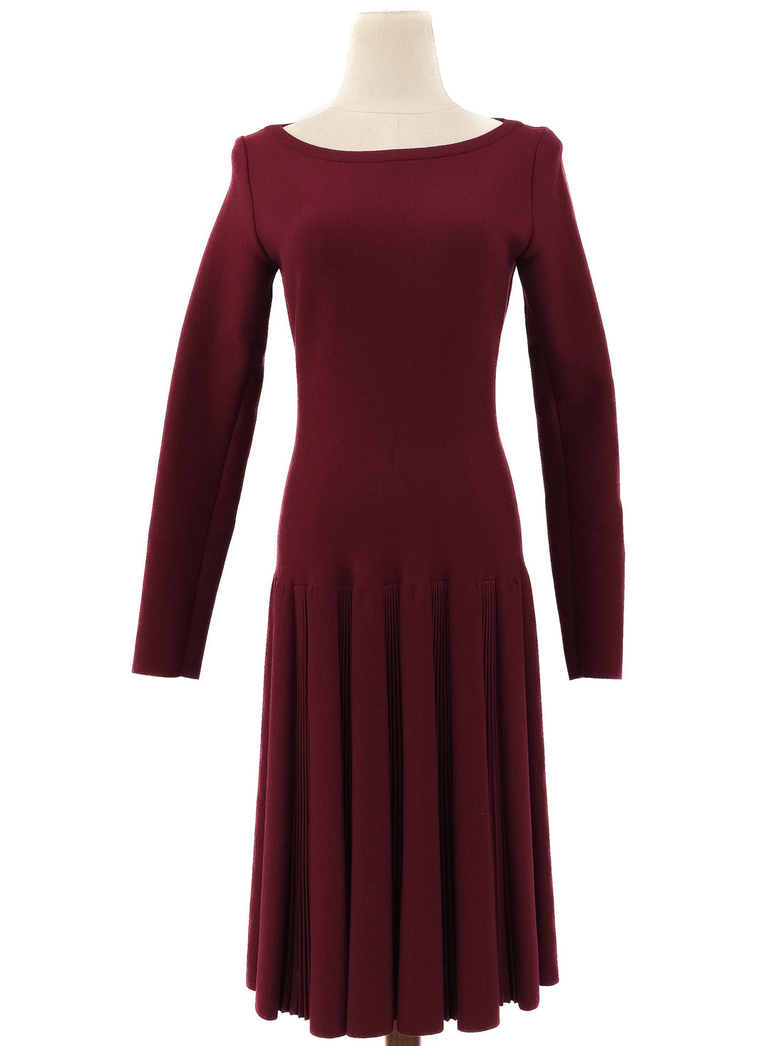 NEW Alaia Burgundy Wool Long Sleeve Dress with Pleated Skirt