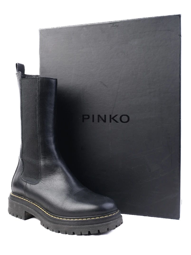 Excellent Pinko Black Leather Ankle Boots with Rugged Sole