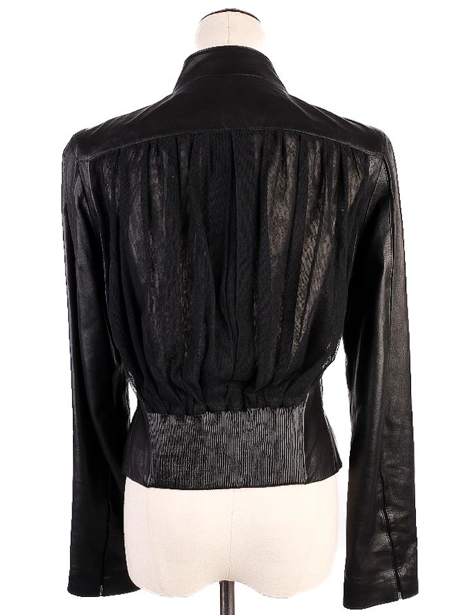 Excellent Escada Black Leather Jacket XXS with Mesh Back