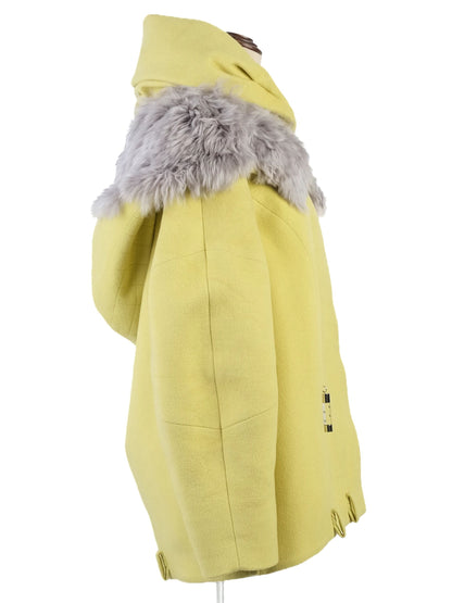 Excellent Emilio Pucci Yellow Wool Hooded Coat Size M with Fur Collar