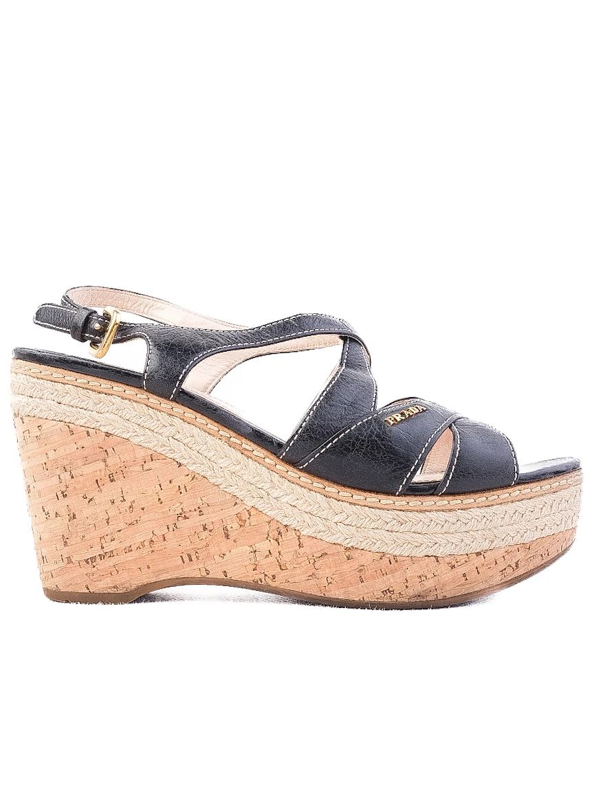 Excellent Prada Black Leather Wedge Sandals Size 38.5 with Cork Platform